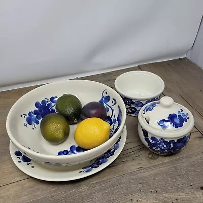 Buy Fajans Antique Blue & White Flower Design Pottery Set Bowl, Plate, Jars, And Lid • 14.99£