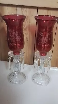 Buy Pair Of Etched Cut Cranberry & Clear Hurricane Mantel Candle Holders Collectable • 48.18£