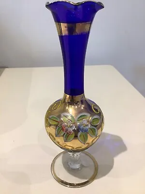 Buy Cobalt Blue & Gold Hand Painted Enamel Flowers Venetian Glass Vase • 6£