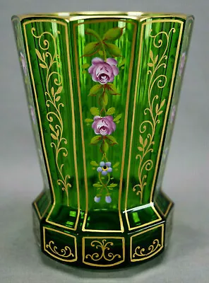 Buy 19th Century Bohemian Enameled Pink Rose Gold & Emerald Green Tumbler Spa Glass • 395.60£
