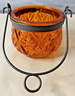 Buy Vintage Orange Colored Cut Glass Tea Light Candle Holder W/ Metal Hanger • 19.04£