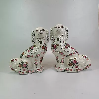 Buy Pair Staffordshire Spaniel Mantle Wally Dogs Floral + Gold Tone Figurines - VGC • 48.99£