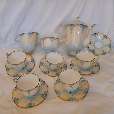 Buy Aynsley Blue Flower Handle Part Tea Set ~ 5 Trios ~ Milk & Sugar ~ Art Deco 5222 • 21£