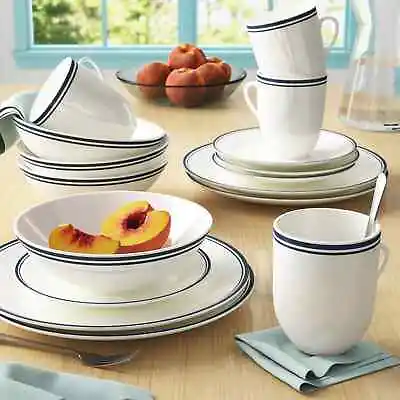 Buy Sophisticated Blue Stripe Rim 16 Piece Glossy Ceramic Dinnerware Set Service/4 • 52.15£