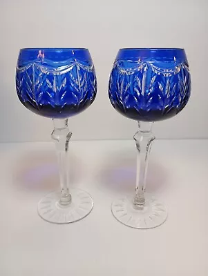 Buy Vintage Stemware Cobalt Cut To Clear Crystal Glass Wine Goblets 7.5 X3  • 43.22£
