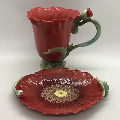 Buy RARE! Franz Porcelain Collection Red Poppy Mug FZ01046 & Saucer FZ01041 MINT! • 256.15£