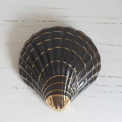 Buy Art Deco Shell Wall Pocket Vase Pottery Black And 22ct Gold Gilded Scallop CHIP • 15£