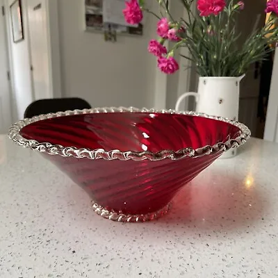 Buy Antique Large Ruby Red Cranberry Glass Serving Bowl Fluted Design Beaded Edge • 20£