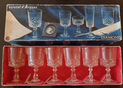Buy Vintage CRISTAL D'ARQUES Boxed Set  6 Diamond Wine Glasses 12cl  LEAD CRYSTAL • 15.99£