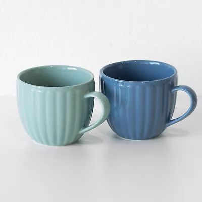 Buy Set Of 2 Large Coffee Mugs Blue Shades 420ml Ribbed Stoneware Latte Tea Cups • 14.80£