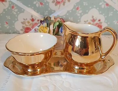 Buy Vintage Crown Devon China Cream And Sugar On Tray Gold Lustre Afternoon Tea Room • 7.99£