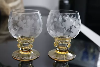 Buy 2 X Art Nouveau Theresienthal Crystal Etched Wine Goblets With Amber Hollow Stem • 26£