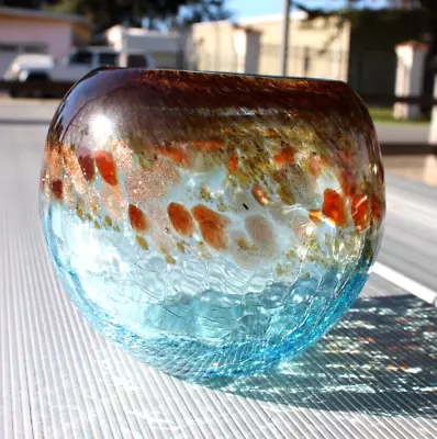Buy Vintage Art Glass Splatter Round Bowl Vase Gold Blue Crackle • 28.34£
