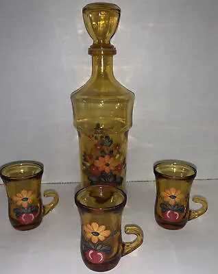 Buy BRF Amber Port Decanter With Painted Flowers & 3 Small 2 Oz Glasses With Handles • 19.30£