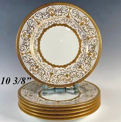 Buy Antique Coalport English Porcelain 10 3/8  Dinner Plates, Fab Raised Gold Enamel • 881.97£