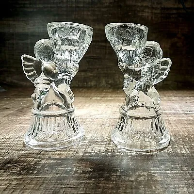 Buy 2 - Vintage Clear Glass Angel Candlestick Holders 6 1/4  Tall Pair Cut Glass • 24.01£