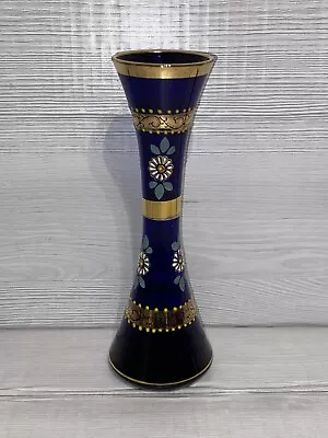 Buy Vintage Bohemian Czech Cobalt Blue Glass Vase Gold Gilt Enamel Hand Painted 8” • 20£