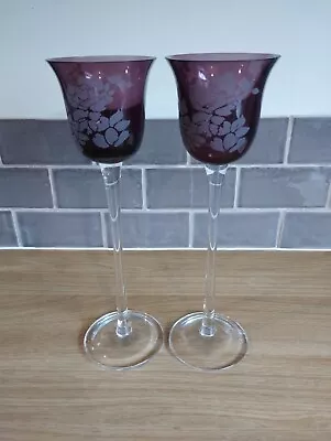 Buy Pair Tall Etched Burgundy  Glass. Candle Tea Light Holders. Very Nice. • 36.99£