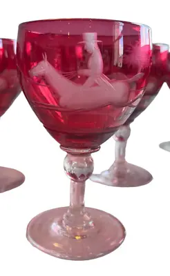Buy Cranberry Glass Ruby Red Etched Wine Water Goblets Fox Hunt Scene 12 Antique • 669.26£