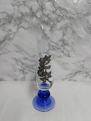 Buy Beautiful Vintage Blue And Clear Glass Vase With Pewter  Rose Detail 10.5  • 12£