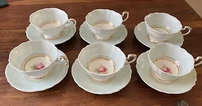 Buy Paragon  6 Fine Bone China Mint Green Cups & Saucers With Pink Rose • 60£