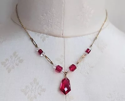 Buy Vintage Art Deco Faceted Cranberry Red Glass Drop Necklace • 14.99£