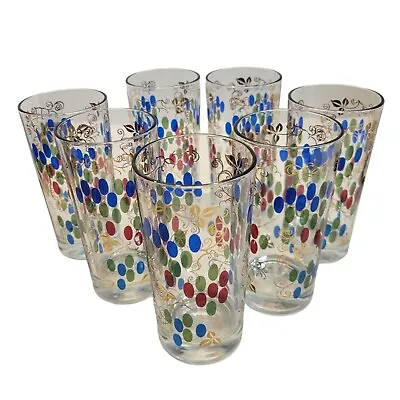 Buy Vintage MCM Blue Green Red On Vine Highball Glasses Set Of 7 • 28.82£