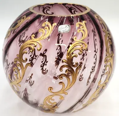 Buy Bohemian Purple Crystal Globe Bowl Vase Gold Accents Swirl Design Czechoslovakia • 62.33£