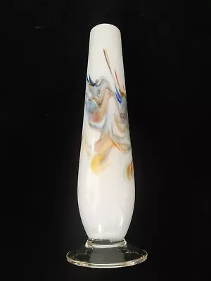 Buy Vintage Dalian Snowflake Opaque White Cased Glass Vase With Coloured Swirls • 15£