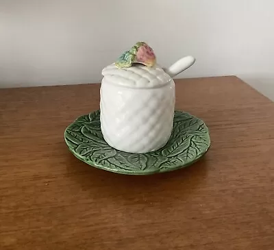 Buy Decorative Vintage Ceramic Lidded Strawberry Jam Jar And Leaf Saucer / Majolica  • 8£