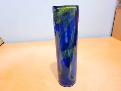 Buy Beautiful Vintage Mtarfa Blue & Green Swirls Hand Blown Small Cylinder Vase.VGC. • 10.99£