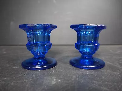 Buy Pair Of Small Candlestick Candle Holder Cobalt Blue Glass Vintage • 11.99£