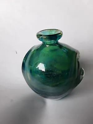 Buy Vintage (1970's) Mdina Glass Vase. Blue, Turquoise, Green. Pulled Ear. Signed. • 30£
