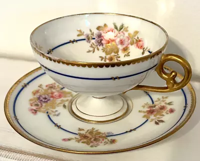 Buy Lamoges C. Ahrenfeldt France Cup And Saucer Gold Trim Floral Blue Ring • 26.46£