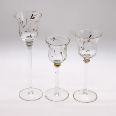 Buy TALL CANDLE HOLDERS Set Of 3 Hand Crafted Glass Tealights Mixed Sizes With Gold • 4.99£