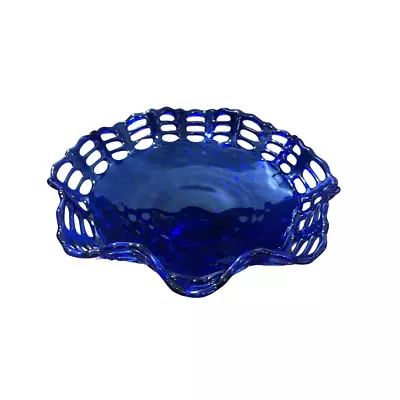 Buy Vintage Fenton Cobalt Blue Basket Weave Bowl 9  Diameter Open Lace Edge • 25.58£