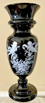 Buy Antique Victorian Black Amethyst Vase Mary Gregory Enamel Winged Angels Foliage • 265.41£