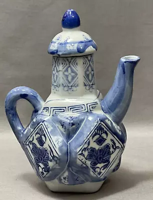 Buy Vintage Blue And White Porcelain Geometric Shaped Asian Tea Pot • 11.38£