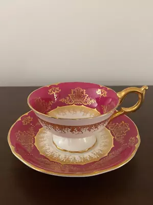 Buy Rare Coalport England Dark Pink Gold Trim & Decorated Damask Tea Cup & Saucer • 56.91£