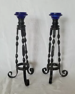 Buy Antique Pair Of Spanish Revival Twisted Iron & Cobalt Glass Candlesticks • 47.25£