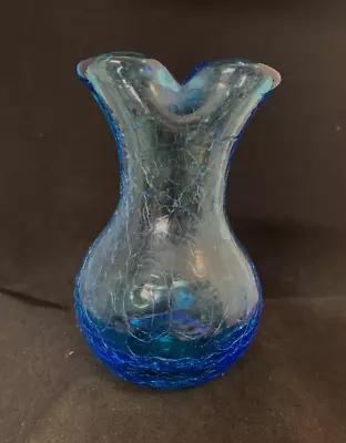 Buy Vtg MCM Small Vase Blue Crackled Blown Glass • 16.36£