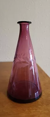 Buy Vintage Amethyst Deep Purple Blown  Etched Leaves Tapered Glass Vase 9  Bottle  • 15.37£