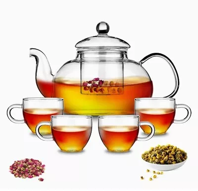 Buy 600ML Heat Resistant Glass Tea Coffee Pot Set  With Infuser + 4 X 80 ML Cup • 17.99£
