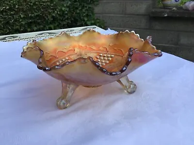 Buy Vintage Carnival Glass Irridescent Marigold  Coloured Fruit Bowl With Three Legs • 13£