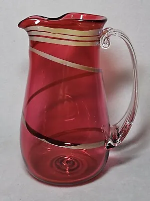 Buy Signed Ziemke Studio Art Glass Cranberry Pitcher With Iridescent Stripes  7  • 38.52£