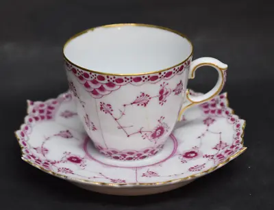 Buy Royal Copenhagen Red Fluted Full Lace Demitasse Cup & Saucer Antique 1890s-As Is • 391.35£