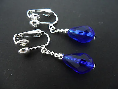 Buy A Pair Of Short Cobalt Blue Glass   Crystal Teardrop Clip On Earrings. New.  • 2.99£