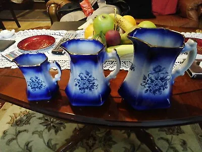 Buy Set Of 3 Vintage Mayfayre Staffordshire England Pottery Porcelain Jugs Blue • 32£