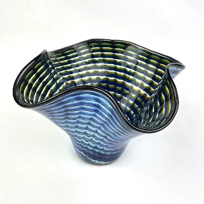 Buy Blue & Clear Iridescent Striped Studio Art Glass Handkerchief Vase • 87.15£