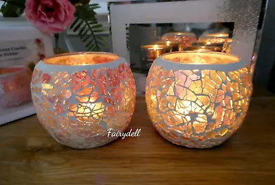 Buy PAIR GLASS TEA LIGHT CANDLE HOLDERS PINK IRIDESCENT CRACKLE GLASS BOWLS 8cm • 12.95£